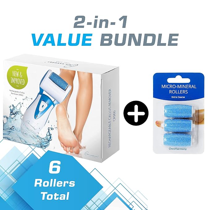 Own Harmony Electric Callus Remover and 6 Rollers Bundle: Professional Pedicure Tools Foot Care for Women, Rechargeable Foot Scrubber, Electronic Feet File Pedi Sander Best for Cracked Dry Dead Skin