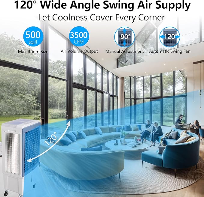 TAKYWEP Swamp Cooler, 3500CFM Evaporative Air Cooler with 13.2 Gallon Water Tank and 4 Ice Packs, 12H Timer, 3 Modes & Wind Speeds for Outdoor Indoor Use
