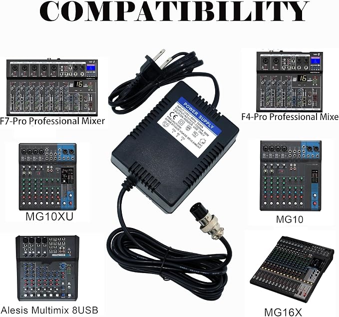 MSMJFSA AC 17V x2 Mixer Power Supply for Yamaha MG10XU 3-Pin Adapter | 3-pin 1500mA adapter for Yamaha MG10XU, MG82X, MG16, MG166C/CX, F4/F7/6FX, PA-10, and Alesis MultiMix 8 USB.