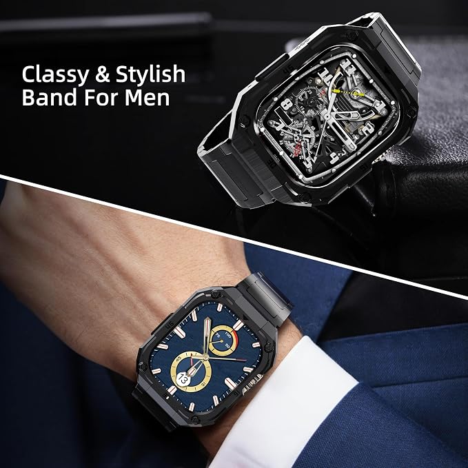 Casual Stainless Steel Band/Case Compatiable for 45mm Apple Watch Band for Men, Rorust Metal Apple Watch Bumper Case Cover with Solid Replacement Strap for iWatch Band Series 9 8 7,Black
