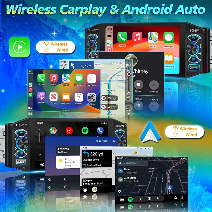 Car Stereo with Wireless Apple Carplay & Android Auto, 5" IPS Single Din Touchscreen Radio, Bluetooth 5.2, Physical Knob Control, Waterproof Backup Camera, FM AM, MirrorLink, USB/Type-C, Navigation