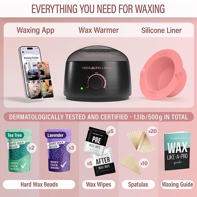 Tress Wellness Award Winning Waxing Kit for Sensitive Skin – Safe for Face & Skin, Easy to Use – At-Home Kit for Face, Bikini, Brazilian & Full Body - Midnight Rose, No Display