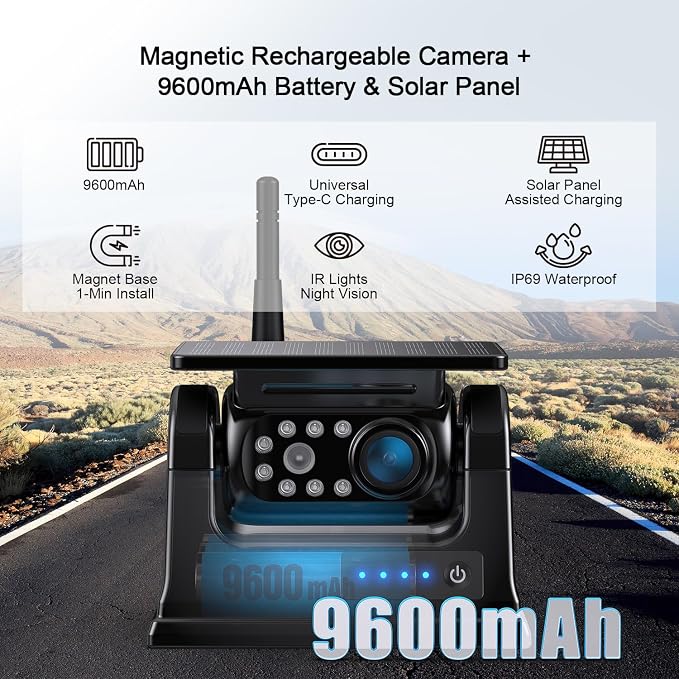 Fookoo 10.1“ Solar Magnetic Wireless Backup Camera HD 1080P DVR Touchscreen Monitor Portable 1 Min DIY Install No Drilling Rechargeable Battery Night Vision for RV Camper Trailer - DTC1004
