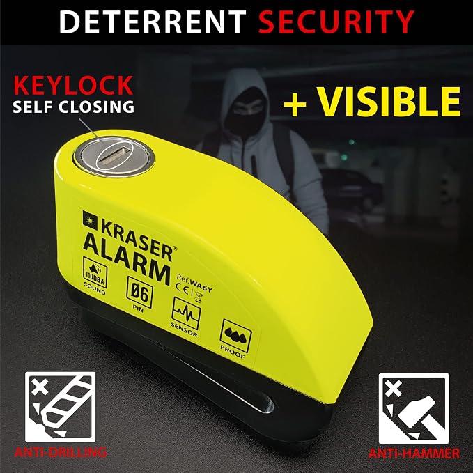 KRASER WA6Y Alarm Disc Lock, Reinforced Disc Brake Lock with 3 keys (others 2), Heavy Duty Anti-Theft Motorcycle Lock with Alarm,110dB, Weather-Resistant, Reminder Cable, Pouch, Motorbike Moped E-Bike