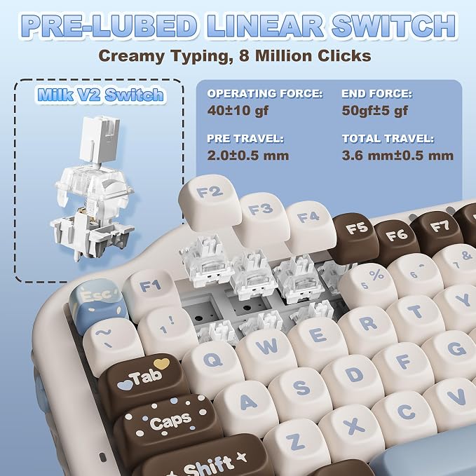 YUNZII C75 Wireless Mechanical Keyboard, 75% Layout, Hot-Swappable NKRO, BT5.0/2.4G/USB-C Mode, Dye-Sub PBT MOA Keycaps, RGB Gasket Mount, Cute Cake Design for Mac/Win/Gaming (Choco, Milk V2 Switch)