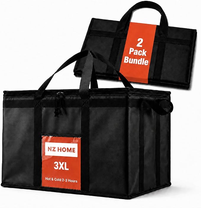 NZ home Insulated Bags for Food Delivery (3XL) Grocery Shopping Cooler Bag, Pizza Delivery, Hot & Cold Catering Tote, Reusable, Foldable & Heavy Duty (2 Pack, Black)