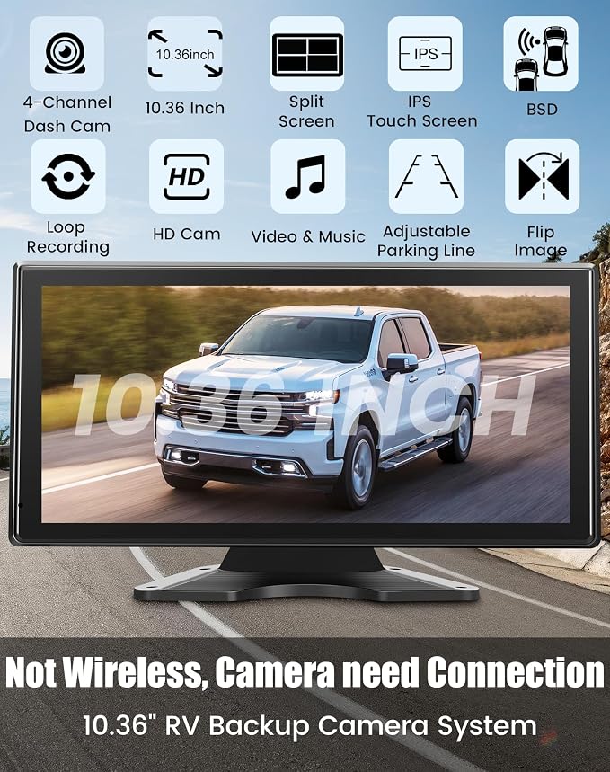 5 Channel Backup Camera System for Truck & RV – 10.36” IPS Touch Screen Monitor with 5 1080P HD Cameras, Smart BSD Alert, DVR Loop Recording, IP69 Waterproof Dash Cam for Semi Truck, Trailer, Van