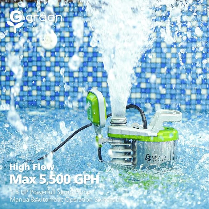 Green Expert Submersible Sump Pump, 1.5HP 5500GPH Effluent/Sewage Pump for Dirty Water, Auto/Manual Tethered Float, Adjustable Intake Base, 25ft Cord, Solids up to 0.8in, Basement Pit Drainage