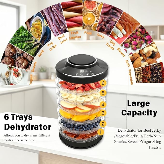 Food Dehydrator Machine for Mushroom,6 Trays Jerky Dehydrator Machine with 24H Timer, 600W 158°F Food Dryer Dehydrator for Meat, Herbs, Meat, Fruit,Dog Treats (Black)