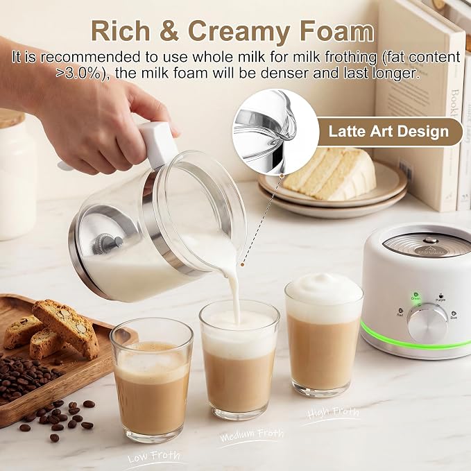 Milk Frother, 16.9 OZ Milk Frother and Steamer, 4 in 1 Electric Milk Frother Dishwasher Safe Durable Silent Frother for Coffee Hot and Cold Foam Maker (White Glass)