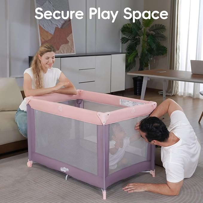 Pamo Babe Pack and Play with Bassinet, Pink Portable Playard for Baby