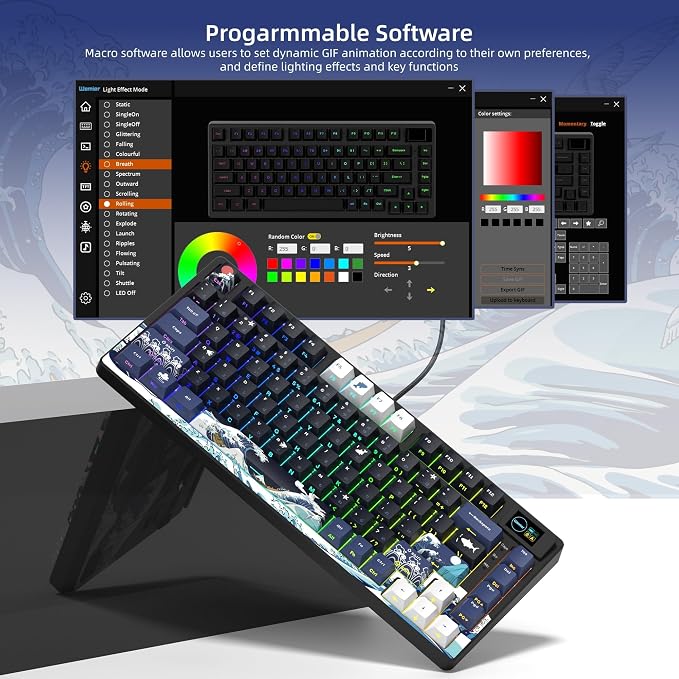 Womier SK80 75% Keyboard with Color Multimedia Display Mechanical Gaming Keyboard Creamy Sound, Wired Hot Swappable Gasket Mount RGB Custom Key Board, Pre-lubed Stabilizer for Mac/Win, Black Kanagawa