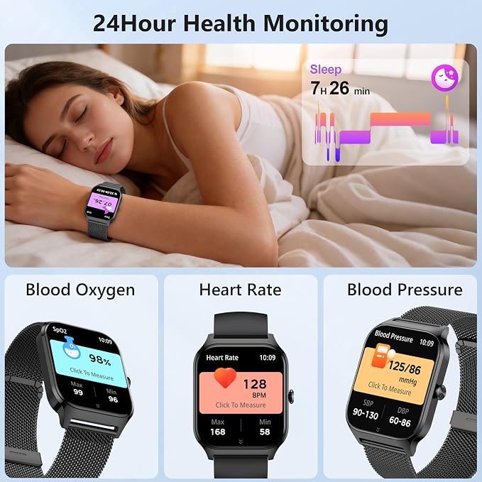 Smart Watch Women Men, 1.85’’ Lightweight Fitness Tracker Make/Answer Call, HR/Blood Pressure/Sleep Monitor, 110+Sport Modes, Waterproof Reloj inteligente Compatible for Android & Samsung & iPhone