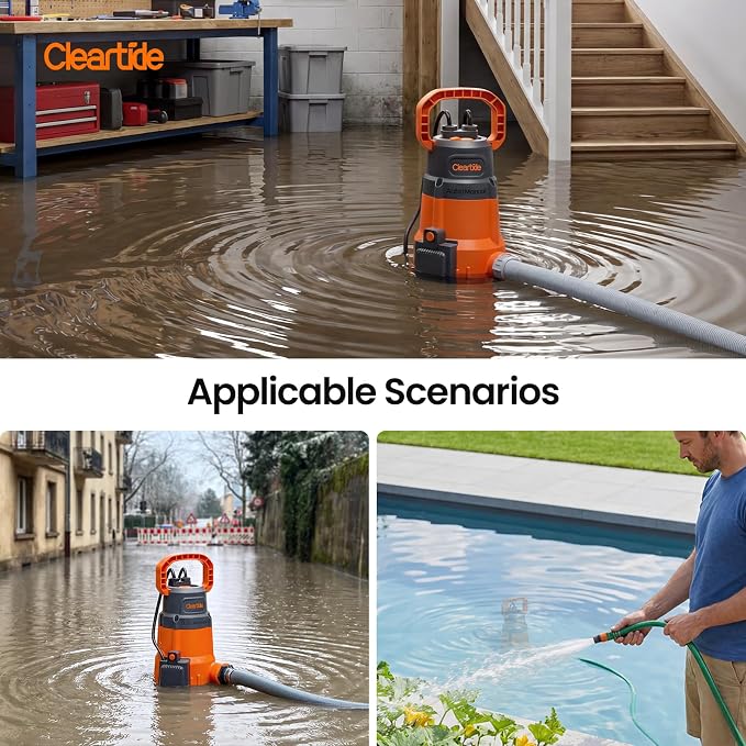 Cleartide 1/3 HP Submersible Utility Pump, 2790 GPH High Flow, Portable Sump Pump with Auto Water Sensor, Ideal for Flooded Basement & Yard, Hot Tub, Pond and Garden Draining