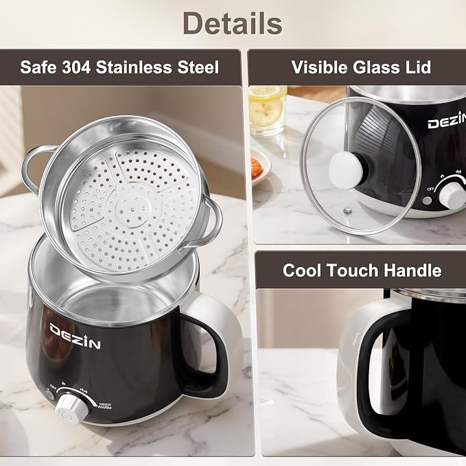 Dezin Hot Pot Electric with Steamer, Rapid Noodles Cooker, Stainless Steel Electric Pot 1.6 Liter, Perfect for Ramen, Egg, Dumpling, Soup, Oatmeal with Temperature Control and Keep Warm Function