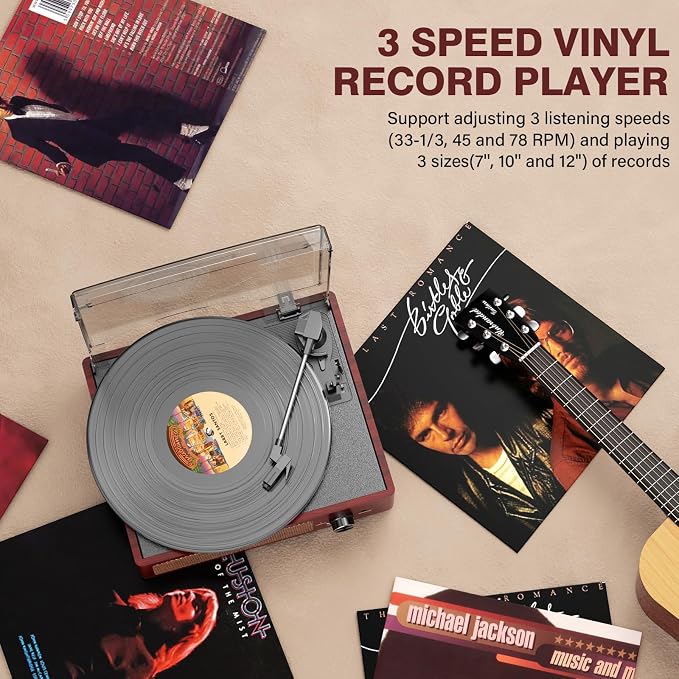 Vinyl Record Player with 2 Stereo Speakers Belt-Driven Vintage Turntables 3 Speed 3 Size Wireless Bluetooth Playback AUX-in RCA Out Headphone LP Vinyl Players Auto Stop Red Wood