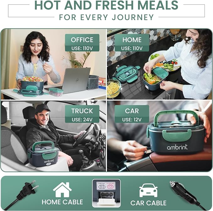 80W Electric Lunch Box for Adults - Heated Lunch Box & Portable Food Warmer with 1.5L Stainless Steel Container | 12V/24V/110-220V Lonchera Eléctrica Portátil for Car, Truck & Office - Green