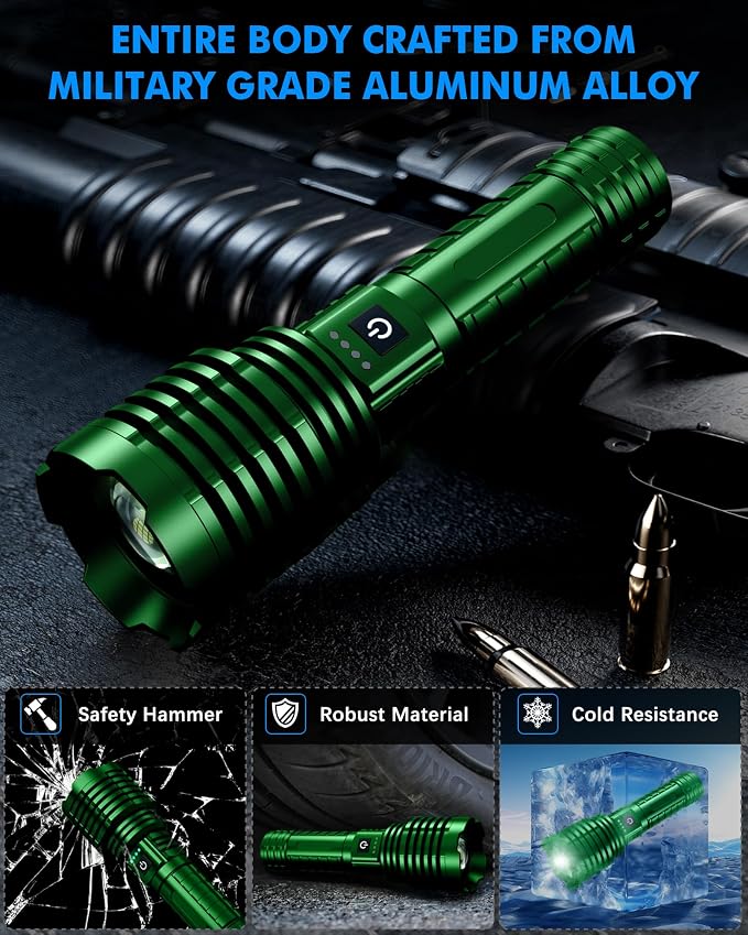 Super Bright Rechargeable LED Flashlights 2500,000 High Lumen, Flashlight Up to 25H Long Battery Life| Zoomable| 5Light Modes| IP67 Water Resistant, Tactical Flashlight for Camping (Green)