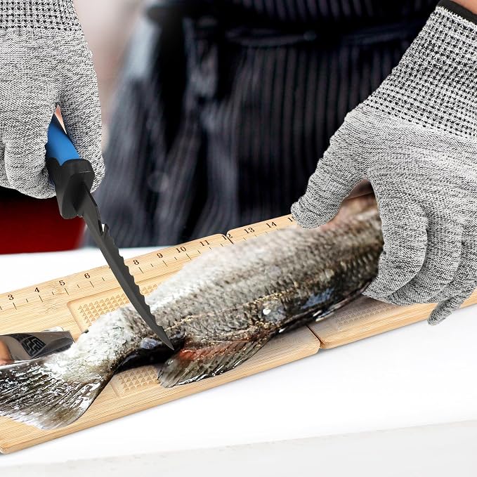 6 Pcs Fish Cleaning Kit Include Cutting Board Fish Fillet Boards with Clamp 2 Knife Cut Resistant Gloves Scale with Built in Measuring Tape Sharpening Rod(Foldable)