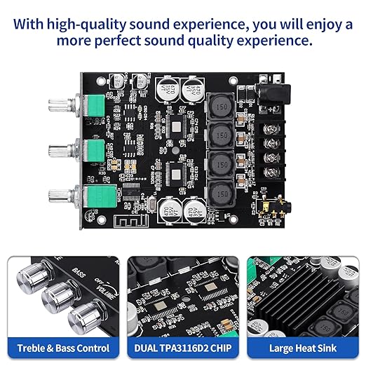 ZK-1002T PRO Bluetooth 5.0 Amplifier Board 2.0 Channel 200W HiFi Subwoofer Audio AMP with Treble and Bass, BT USB and AUX Inputs, DC 12-24V Stereo AMP Module for DIY Speakers (2 Pack)