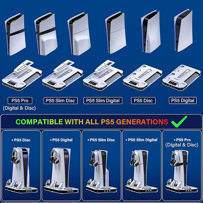 PS5/Slim/Pro Cooling Station with Controller Charging Station for Playstation Console Playstation 5 Slim&Standard Disc/Digital Console, PS5 Pro Stand Cooler Accessories Incl Cooling Fan/3 USB Hubs