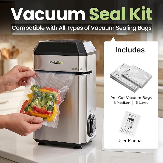 InstaSeal Vacuum Sealer for Food with 12 Bags, Preserves Foods 5x Longer, Space Saving Compact Upright Design Allows Machine to Seal Marinades, Soups, Meats for Sous Vide Cooking, Vegetables