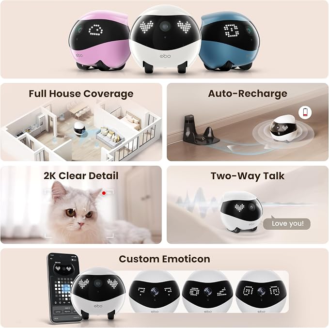 Enabot EBO Air 2 Mobile Pet Camera Robot: 2K FamilyBot with Two-Way Talk | Family Companion with Whole-Home Mobility, Custom Pixel Facial Expression, Auto-Recharge, Night Vision, Long Distance Gift