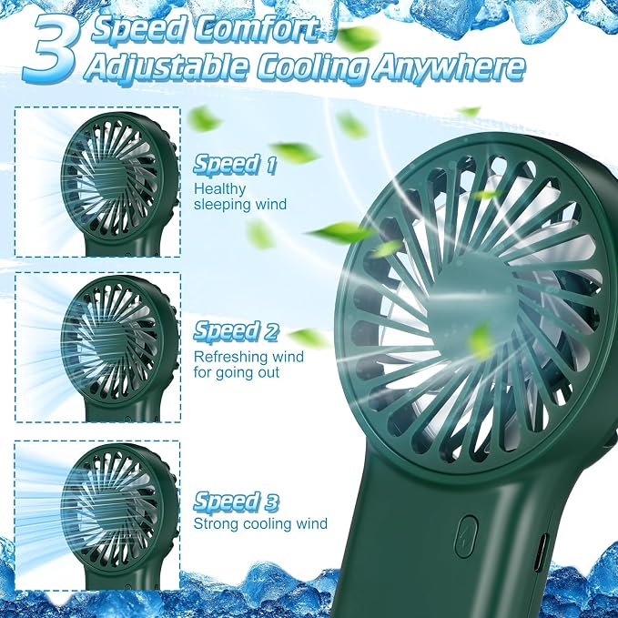 VIHOSE 4 Pcs Portable Hanging Fan, 3 Speeds Personal Rechargeable Desk Hand Held Small Fan with D Metal Hook for Cooling Small Personal Hands Outdoor Travel (Dark Green)