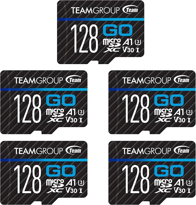TEAMGROUP GO Card 128GB x 5 Pack MicroSDXC UHS-I U3 V30 4K for Action Cameras & Drone High Speed Flash Memory Card with Adapter for Outdoor Sports&Vlog, 4K Shooting,GoPro&Insta360&DJI TGUSDX128GU363