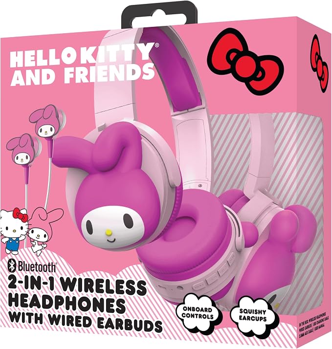 Hello Kitty 2-in-1 Wireless Bluetooth Headphones with Wired Earbuds – Foldable Over-Ear Headset with Built-in Mic, AUX Cable, Adjustable Headband, and Onboard Controls – My Melody
