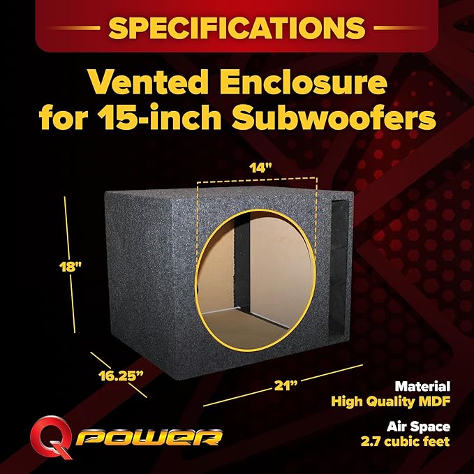 QPower 15 Inch Single Vented Subwoofer Enclosure Box for Car Audio System