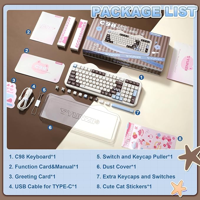 YUNZII C98 Wireless Mechanical Keyboard with Number Pad,98 Key BT5.0/2.4G/USB-C Hot Swap Gasket Mount with PBT MOA Keycaps,Custom RGB,Cute Cake Keyboard for Win/Mac (Choco, Candy Linear Switch)
