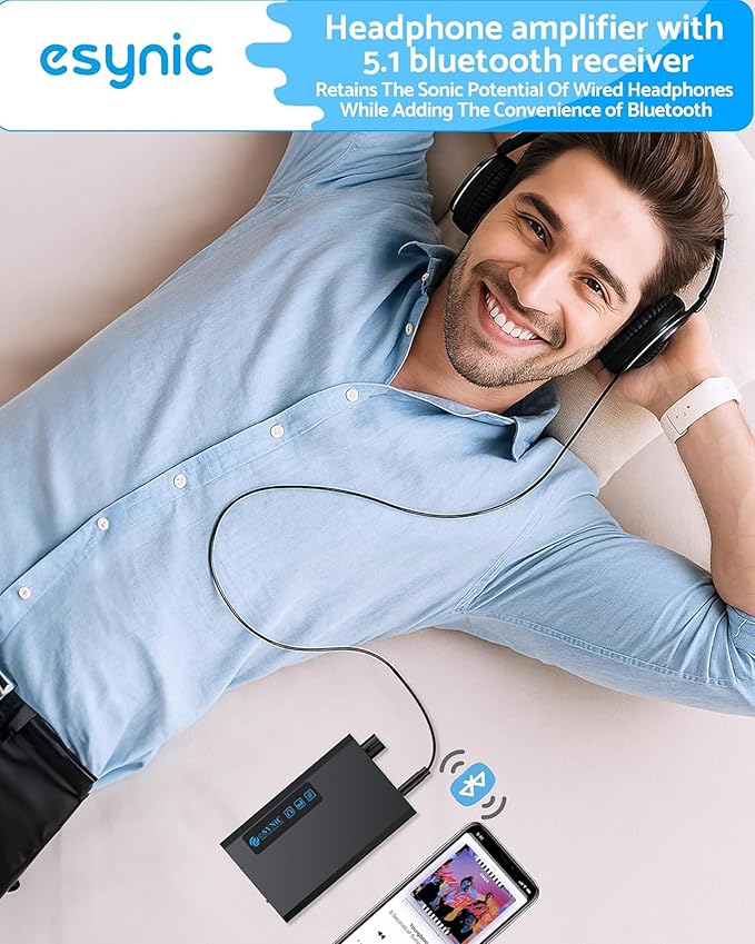 eSynic Bluetooth 5.1 Receiver Headphone Amplifier Portable-1500mAH Rechargeable 3.5MM Headphone Amp-16-300Ω-Two-Stage Gain Switch-Compact-Aluminum Matte Surface-for Phone/Car Aux/CD Players