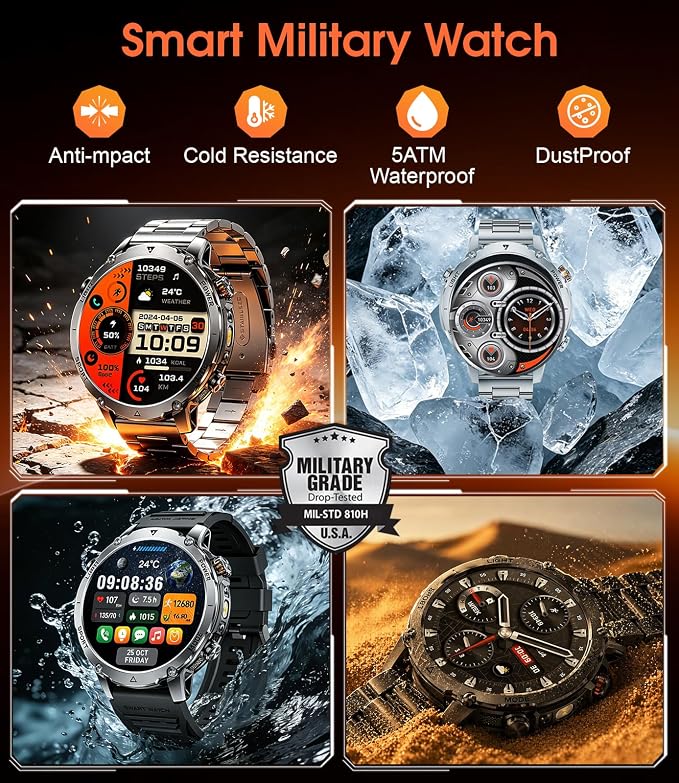 SUNKTA Military Smartwatch for Men with Flashlight,1400mAh Battery Fitness Tracker Smart Watches,1.7" HD Screen 5ATM Waterproof Sport Smart Watch for Android iPhone,Heart Rate/Sleep Monitor(2 Bands)