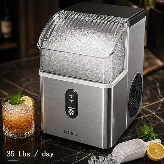 Kismile Nugget Ice Maker Countertop, Sonic Ice Maker with 35Lbs/24H, First Ice in 7 Mins, 1.2L Water Tank, Ice Basket Holds 2.2Lbs, Self-Cleaning Pebble Ice Machine for Home Kitchen Office Bar(Silver)