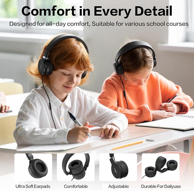 Classroom Headphones Bulk 10 Pack - Kids Headphones for School K-12 Student, 93dB Volume Limited On-Ear Wired Headset with Microphone, Durable 3.5mm Jack for Class Set Library Computer (Black)