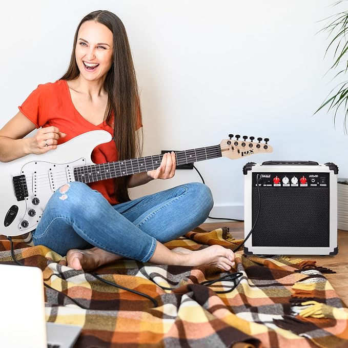LyxPro Electric Guitar Amp 20 Watt Amplifier Built in Speaker Headphone Jack and Aux Input Includes Gain Bass Treble Volume and Grind - White