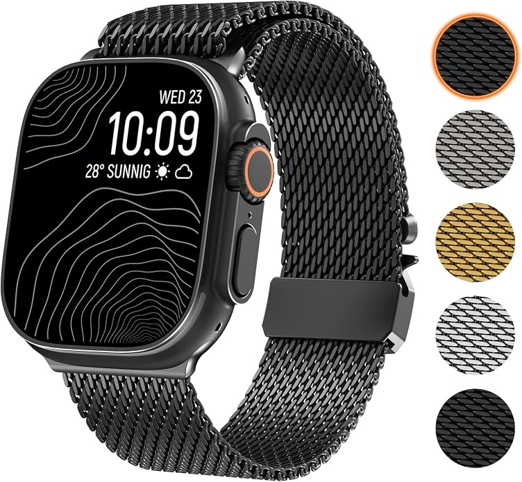 WINGLE Milanese Loop for Apple Watch Band Ultra 3/2/1 Band Ultra 49mm Series 11 10 46mm 45mm 44mm SE 3/2/1 Series 9 8 7 6 5 4 3 Men Women,Parachute-Style Buckle Stainless Steel Mesh Metal iWatch Bands