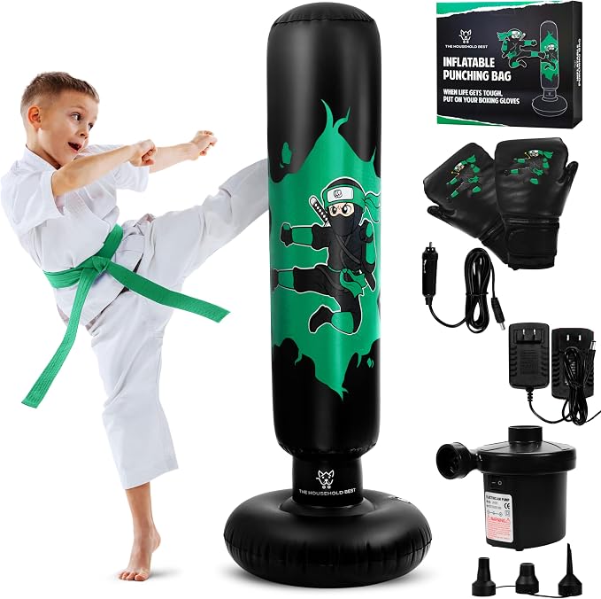 THB Punching Bag for Kids - Inflatable Punching Bag with Boxing Gloves for Kids Age 3-8, 63” Ninja Boxing Bag with Electric Air Pump to Practice Taekwondo, Karate, MMA, Bouncing Back