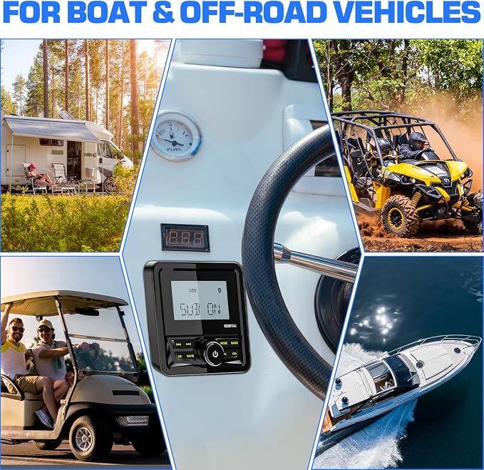 Waterproof Marine Digital Media Receiver - Bluetooth Marine Stereo with 2.8 Inch LCD Display - AUX USB Input AM FM Subwoofer Pre-Amp UTV Boat Radio for ATV RZR Golf Cart Spa Hot