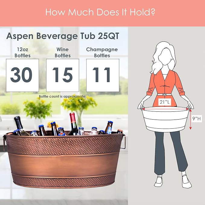 BREKX Aspen Galvanized Tub, Copper Finish Metal Ice and Drink Cooler for Parties, Sealed Leak Resistant Party Cooler, Easy to Clean, Handcrafted, Large Oval 25-Quart (6 Gallon), 30 Bottle Bucket