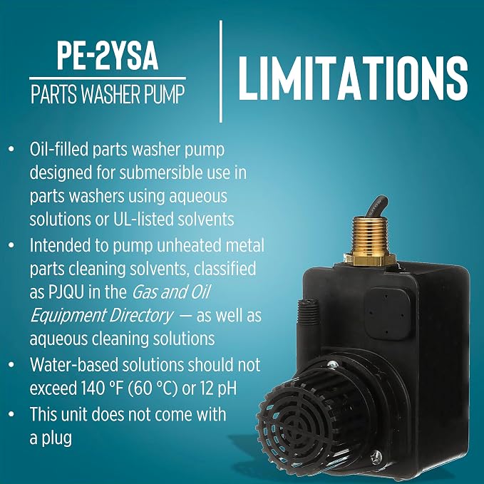 Little Giant PE-2YSA 115V, 1/40 HP, 300 GPH Polyester Submersible Parts Washer Pump with Conduit Fitting for Aqueous Solutions or UL-listed Solvents with 6-Ft. Plugless Power Cord, Black, 518550