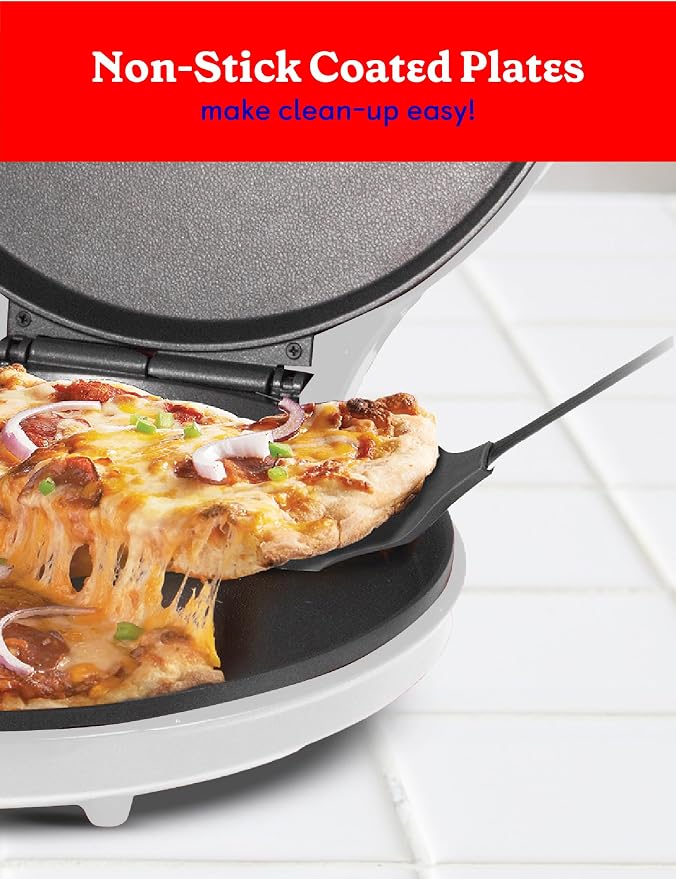 Betty Crocker Pizza Maker Plus, 12" Indoor Electric Grill, Nonstick Griddle Pan for Pizzas, Quesadillas, Tortillas, Nachos and more, 12" Electric Griddle for Delicious Meals and Snacks, White