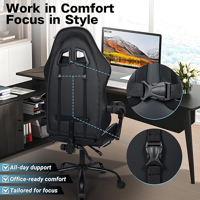 Gaming Chair, Ergonomic Computer Chair with Footrest and Lumbar Support, Height Adjustable Office Chair with 360° Swivel Seat and Headrest (Black & Grey)