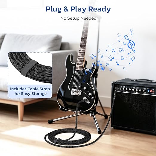 RUXELY 6.35mm TRS Instrument Cable 30FT 2Pack,Right Angle 90Degree 1/4 Inch Male Jack Stereo Audio Cord,6.35 Balanced Line Lead for Electric Guitar,Bass,Keyboard,Mixer,Amplifier/AMP,Speaker,Equalizer