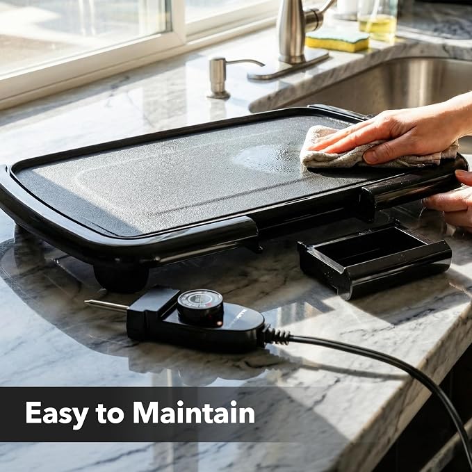 OVENTE Electric Griddle with 16 x 10 Inch Flat Non-Stick Cooking Surface, Removable and Adjustable Temperature Control, Indoor Grill for Instant Breakfast, Pancakes, Eggs or Burgers, Black GD1610B