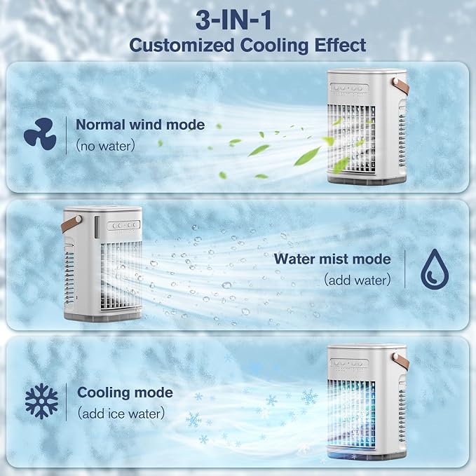 Mini Portable Air Conditioners w/Remote, USB Charging Powered, 1200ML Water Tank, 2 Ice Boxes & 2 Sprays, 7H Smart Timer, Evaporative Air Cooler With 3Speeds, Desktop Fan For HomeOutdoors