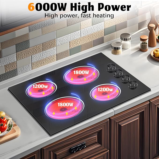 4 Burners Electric Stove Top with Knob Control,24 Inch,6000W Built-in Radiant Electric Cooktop, 9 Power Levels, Hot Warning, 220V Hard Wire(No Plug)