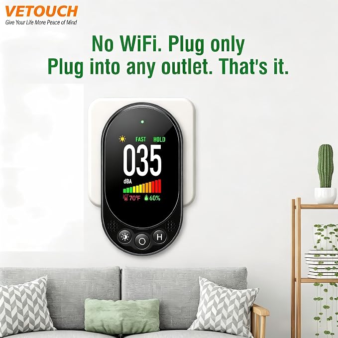 Plug-in Noise Meter Digital Sound Level, 3 in 1 Decibel Meter with Temp Humidity, 30-130dB Portable SPL, AC Powered, Data Hold, Max Min, Fast/Slow, 1.83" LCD, Meter for Home RV