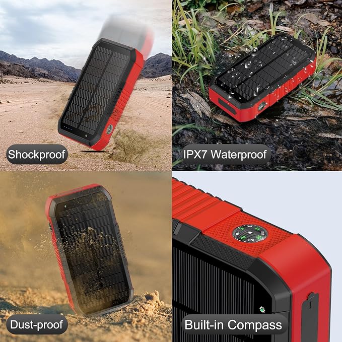 Solar Power Bank, 66800mAh, Hand Crank, 22.5W USB-C Fast Charging, 6 Outputs & 4 Inputs, SOS/Strobe/Compass, for Camping/Hiking/Trips (Red)